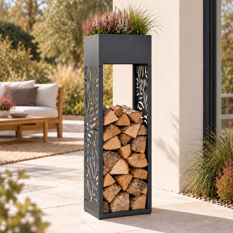 HAGO24 Feuerholzregal Anthrazit verzinkter Stahl Kaminholzregal Brennholzregal Holzlager Säulenform integrierter Pflanzkasten modular erweiterbar – Bild 1