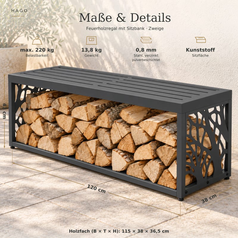 HAGO24 Feuerholzregal mit Sitzbank Anthrazit RAL 7016 verzinkter Stahl Kaminholzregal Brennholzregal Holzlager integrierte Sitzbank Kunststoff-Sitzfläche bis zu 220 kg belastbar – Bild 4