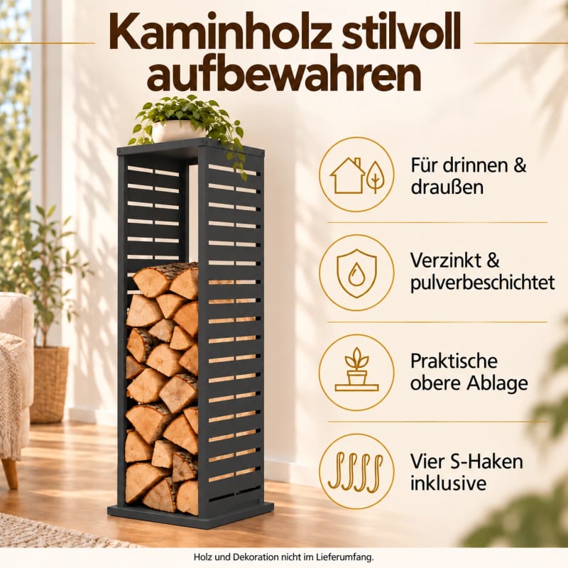 HAGO24 Feuerholzregal Anthrazit Stahl Kaminholzregal Brennholzregal Holzständer Säulenform pulverbeschichtet verstellbare Bodenschoner – Bild 3