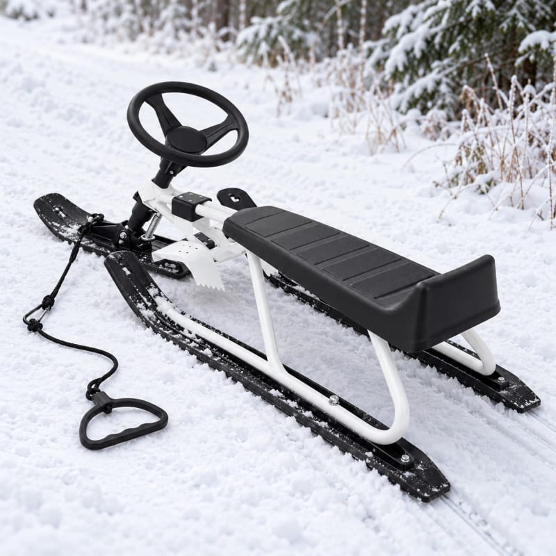 HAGO24 Kinder Lenkschlitten weiß Stahl Rodelschlitten Steuerschlitten Schneeschlitten 20-cm-Sitzhöhe Fußbremse abnehmbares Zugseil – Bild 5