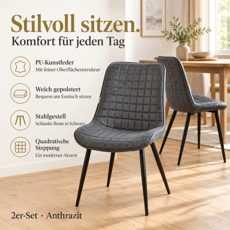 HAGO24 Esszimmerstühle Anthrazit - Kunstleder Polsterstuhl Küchenstuhl Kunstlederstuhl Essstuhl quadratische Steppung gepolsterte Rückenlehne schwarzes Metallgestell – Bild 5