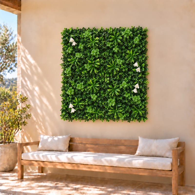 HAGO24 1qm Künstliche Pflanzwand Grün PE Kunstpflanzenwand Pflanzenmatte Blumenwand 4er-Set 50x50 cm Paneel Wanddeko UV-Beständig – Bild 2