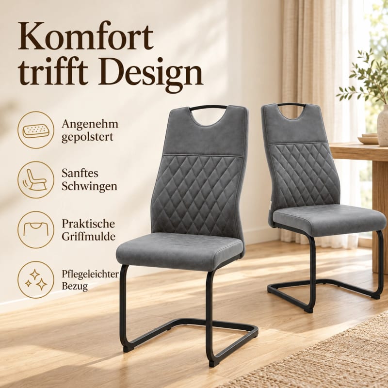 HAGO24 2er-Set Esszimmerstuhl Anthrazit Kunstleder Küchenstühle Schwingstuhl Freischwinger Polsterstuhl Rautensteppung Griffmulde Bodenschoner – Bild 3