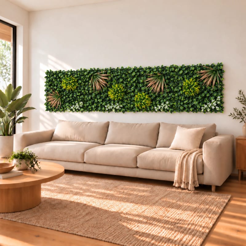 HAGO24 1qm Künstliche Pflanzwand Grün PE Kunstpflanzenwand Pflanzenmatte Blumenwand 4er-Set 50x50 cm Paneel Wanddeko UV-Beständig – Bild 5