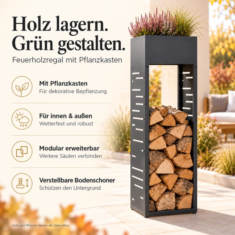 HAGO24 Feuerholzregal Anthrazit verzinkter Stahl Kaminholzregal Brennholzregal Holzlager Säulenform integrierter Pflanzkasten modular erweiterbar – Bild 3