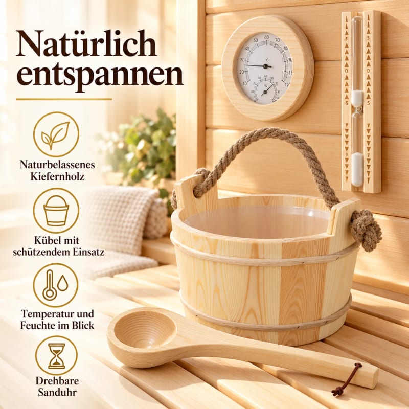 HAGO24 Sauna Zubehör Set Beige Kiefernholz Saunazubehörset Saunaaufguss-Set Saunaset 4 Liter Aufgusskübel Thermo-Hygrometer 15-Minuten-Sanduhr – Bild 4