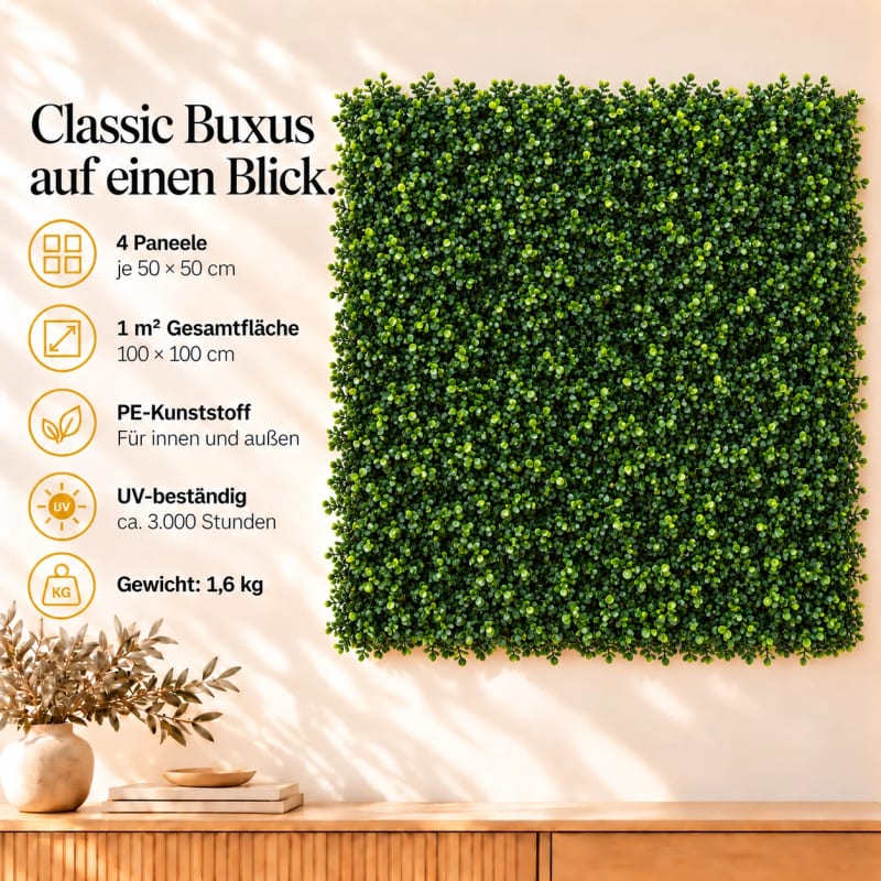 HAGO24 1qm Künstliche Pflanzwand Grün PE Kunstpflanzenwand Pflanzenmatte Blumenwand 4er-Set 50x50 cm Paneel Wanddeko UV-Beständig – Bild 4
