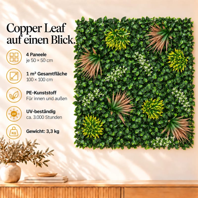 HAGO24 1qm Künstliche Pflanzwand Grün PE Kunstpflanzenwand Pflanzenmatte Blumenwand 4er-Set 50x50 cm Paneel Wanddeko UV-Beständig – Bild 4