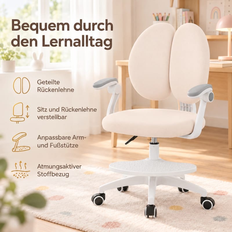 HAGO24 Kinder-Schreibtischstuhl Beige Polyester Drehstuhl Bürostuhl Schreibtischsessel 46-58cm-Sitzhöhe geteilte Rückenlehne höhenverstellbare Fußstütze – Bild 3