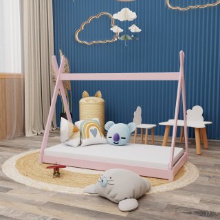 Montessori Kinderbett 140x70cm rosa Tipi Spielbett Zeltform Holz bodentief mit Lattenrost