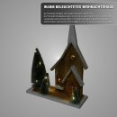 HAGO24 Beleuchtetes Weihnachtshaus Holz warmweiße LEDs Timer Deko Winter Weihnachten 28x9x34cm Batteriebetrieb 2xAA Kunstschnee rustikales Design Fensterbank Tischdeko