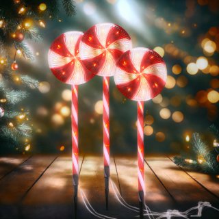 HAGO24 LED Lolly Steckkette 3er Set 60 LEDs 3m Timer 8 Funktionen IP44 Batteriebetrieb Rot Weiß Weihnachtsbeleuchtung Innen Außen Winterdeko 62cm