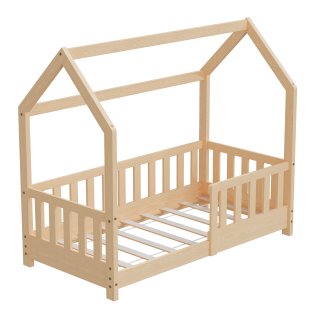 HAGO24 Kinderbett 70x140cm Natur Hausbett Dach Rausfallschutz Massivholz Kiefer Spielbett Lattenrost Bodentief Montessori