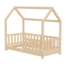 HAGO24 Kinderbett 70x140cm Natur Hausbett Dach Rausfallschutz Massivholz Kiefer Spielbett Lattenrost Bodentief Montessori