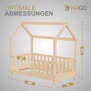 HAGO24 Kinderbett 70x140cm Natur Hausbett Dach Rausfallschutz Massivholz Kiefer Spielbett Lattenrost Bodentief Montessori