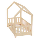 HAGO24 Kinderbett 70x140cm Natur Hausbett Dach Rausfallschutz Massivholz Kiefer Spielbett Lattenrost Bodentief Montessori