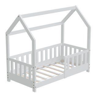 HAGO24 Kinderbett 70x140cm Weiß Hausbett Dach Rausfallschutz Massivholz Kiefer Spielbett Lattenrost Bodentief Montessori