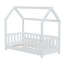 HAGO24 Kinderbett 70x140cm Weiß Hausbett Dach Rausfallschutz Massivholz Kiefer Spielbett Lattenrost Bodentief Montessori