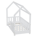 HAGO24 Kinderbett 70x140cm Weiß Hausbett Dach Rausfallschutz Massivholz Kiefer Spielbett Lattenrost Bodentief Montessori