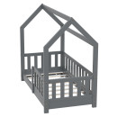 HAGO24 Kinderbett 70x140cm Grau Hausbett Dach Rausfallschutz Massivholz Kiefer Spielbett Lattenrost Bodentief Montessori