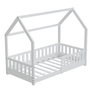 HAGO24 Kinderbett 80x160cm Weiß Hausbett Dach Rausfallschutz Massivholz Kiefer Spielbett Lattenrost Bodentief Montessori