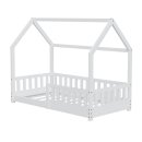 HAGO24 Kinderbett 80x160cm Weiß Hausbett Dach Rausfallschutz Massivholz Kiefer Spielbett Lattenrost Bodentief Montessori