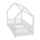 HAGO24 Kinderbett 80x160cm Weiß Hausbett Dach Rausfallschutz Massivholz Kiefer Spielbett Lattenrost Bodentief Montessori