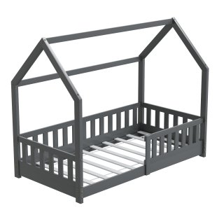 HAGO24 Kinderbett 80x160cm Grau Hausbett Dach Rausfallschutz Massivholz Kiefer Spielbett Lattenrost Bodentief Montessori