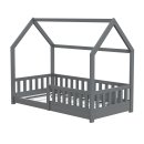 HAGO24 Kinderbett 80x160cm Grau Hausbett Dach Rausfallschutz Massivholz Kiefer Spielbett Lattenrost Bodentief Montessori