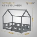 HAGO24 Kinderbett 80x160cm Grau Hausbett Dach Rausfallschutz Massivholz Kiefer Spielbett Lattenrost Bodentief Montessori