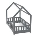 HAGO24 Kinderbett 80x160cm Grau Hausbett Dach Rausfallschutz Massivholz Kiefer Spielbett Lattenrost Bodentief Montessori