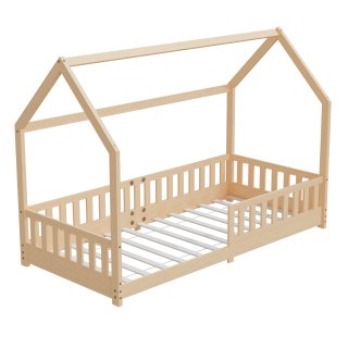 HAGO24 Kinderbett 90x200cm Natur Hausbett Dach Rausfallschutz Massivholz Kiefer Spielbett Lattenrost Bodentief Montessori