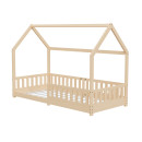 HAGO24 Kinderbett 90x200cm Natur Hausbett Dach Rausfallschutz Massivholz Kiefer Spielbett Lattenrost Bodentief Montessori