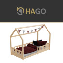 HAGO24 Kinderbett 90x200cm Natur Hausbett Dach Rausfallschutz Massivholz Kiefer Spielbett Lattenrost Bodentief Montessori