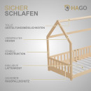 HAGO24 Kinderbett 90x200cm Natur Hausbett Dach Rausfallschutz Massivholz Kiefer Spielbett Lattenrost Bodentief Montessori