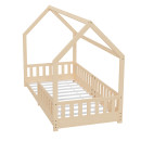 HAGO24 Kinderbett 90x200cm Natur Hausbett Dach Rausfallschutz Massivholz Kiefer Spielbett Lattenrost Bodentief Montessori