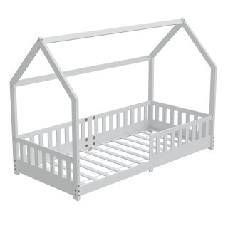 HAGO24 Kinderbett 90x200cm Weiß Hausbett Dach Rausfallschutz Massivholz Kiefer Spielbett Lattenrost Bodentief Montessori