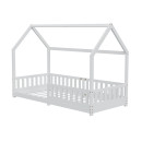 HAGO24 Kinderbett 90x200cm Weiß Hausbett Dach Rausfallschutz Massivholz Kiefer Spielbett Lattenrost Bodentief Montessori