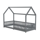 HAGO24 Kinderbett 90x200cm Grau Hausbett Dach Rausfallschutz Massivholz Kiefer Spielbett Lattenrost Bodentief Montessori