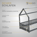 HAGO24 Kinderbett 90x200cm Grau Hausbett Dach Rausfallschutz Massivholz Kiefer Spielbett Lattenrost Bodentief Montessori