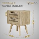 HAGO24 Nachttisch Beistelltisch Nachtkommode Rattan Eiche Sonoma 40x30x50 cm 2 Schubladen Massivholzfüße Aluminiumgriff Schlafzimmer Möbel