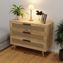 HAGO24 Kommode 3 Schubladen Rattan Holz Anrichte Sonoma Eiche 100x77x40cm Aluminiumgriffe Massivholzfüße Schrank Sideboard Stauraum Möbelstück