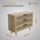 HAGO24 Kommode 3 Schubladen Rattan Holz Anrichte Sonoma Eiche 100x77x40cm Aluminiumgriffe Massivholzfüße Schrank Sideboard Stauraum Möbelstück