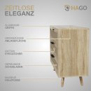 HAGO24 Kommode 3 Schubladen Rattan Holz Anrichte Sonoma Eiche 100x77x40cm Aluminiumgriffe Massivholzfüße Schrank Sideboard Stauraum Möbelstück