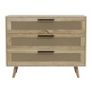 HAGO24 Kommode 3 Schubladen Rattan Holz Anrichte Sonoma Eiche 100x77x40cm Aluminiumgriffe Massivholzfüße Schrank Sideboard Stauraum Möbelstück