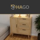 HAGO24 Kommode 74x76x30cm Schubladenschrank Holz Rattanfront Eicheoptik Sonoma Sideboard Schrank Anrichte Softclose Massivholzfüße