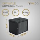 HAGO24 Netzwerkschrank 19 Zoll Rack Schwarz Serverschrank 9HE 600x450mm Stahlschrank Glasfront Tür Links/Rechts abschließbar Kabeleinlass Einlegeboden
