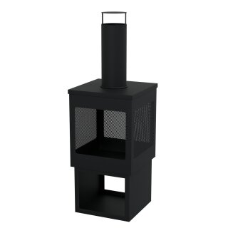 HAGO24 Gartenkamin eckig Terrassenofen Gartenofen Stahl Schwarz Schürhaken Feuerstelle Kaminofen Outdoor Terrassenkamin Kaminrohr