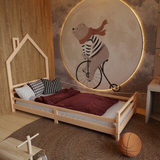 HAGO24 Kinderbett Hausbett Spielbett Massivholz 90x200cm Kiefer Lattenrost Natur Einzelbett Rausfallschutz Dachform Kinderzimmer