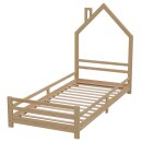 HAGO24 Kinderbett Hausbett Spielbett Massivholz 90x200cm Kiefer Lattenrost Natur Einzelbett Rausfallschutz Dachform Kinderzimmer